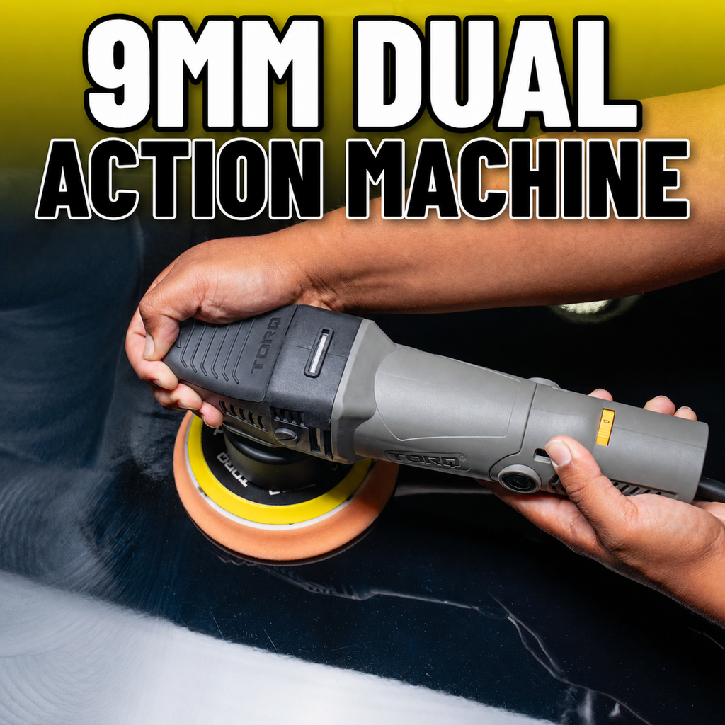 TORQX Random Orbital Polisher two-handed grip in use on car paint - 9mm dual action machine