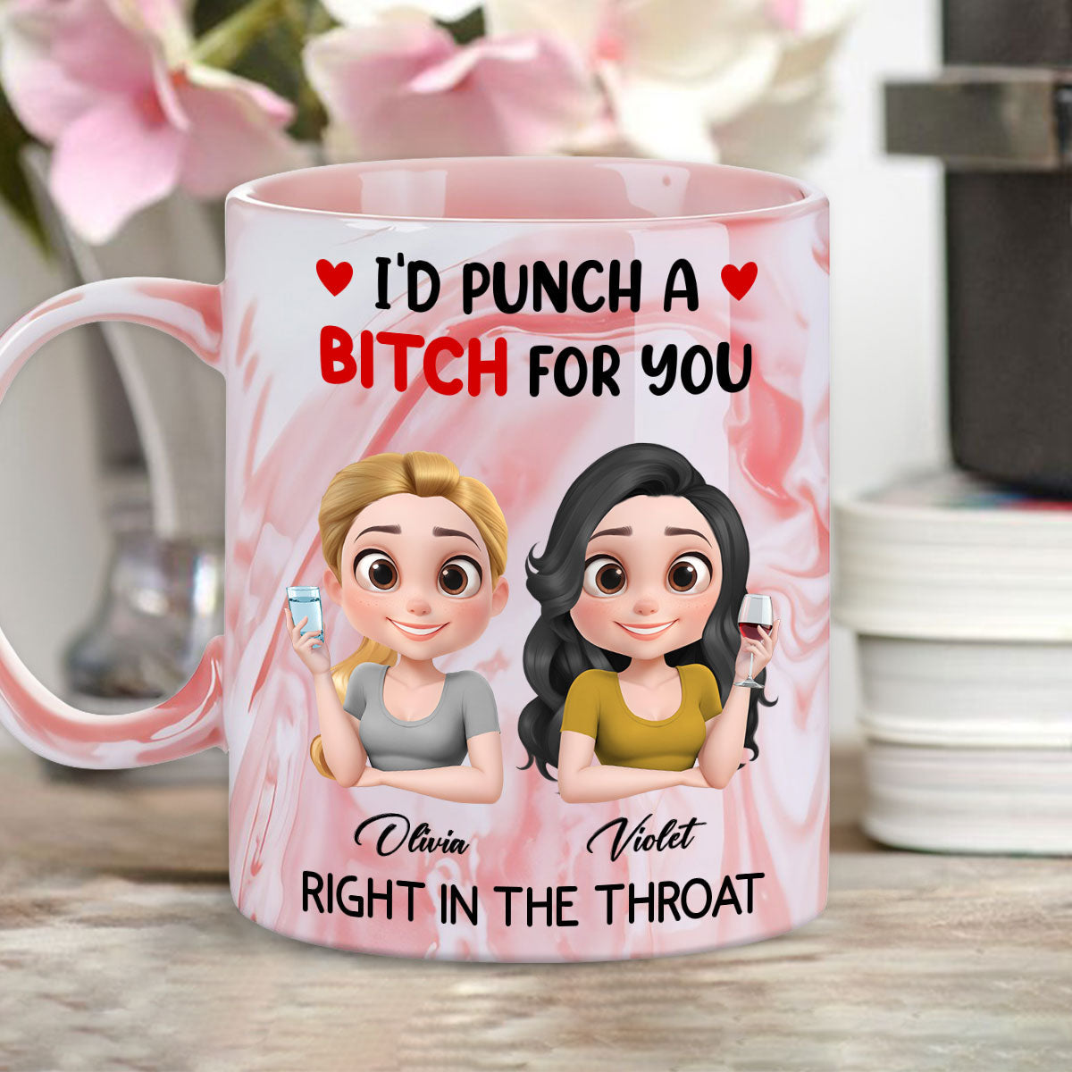Custom Best Friend, Christmas & Birthday Friendship Keepsake Gift • I Punch A Bitch For You My Besties - Personalized Pink Marble Mug
