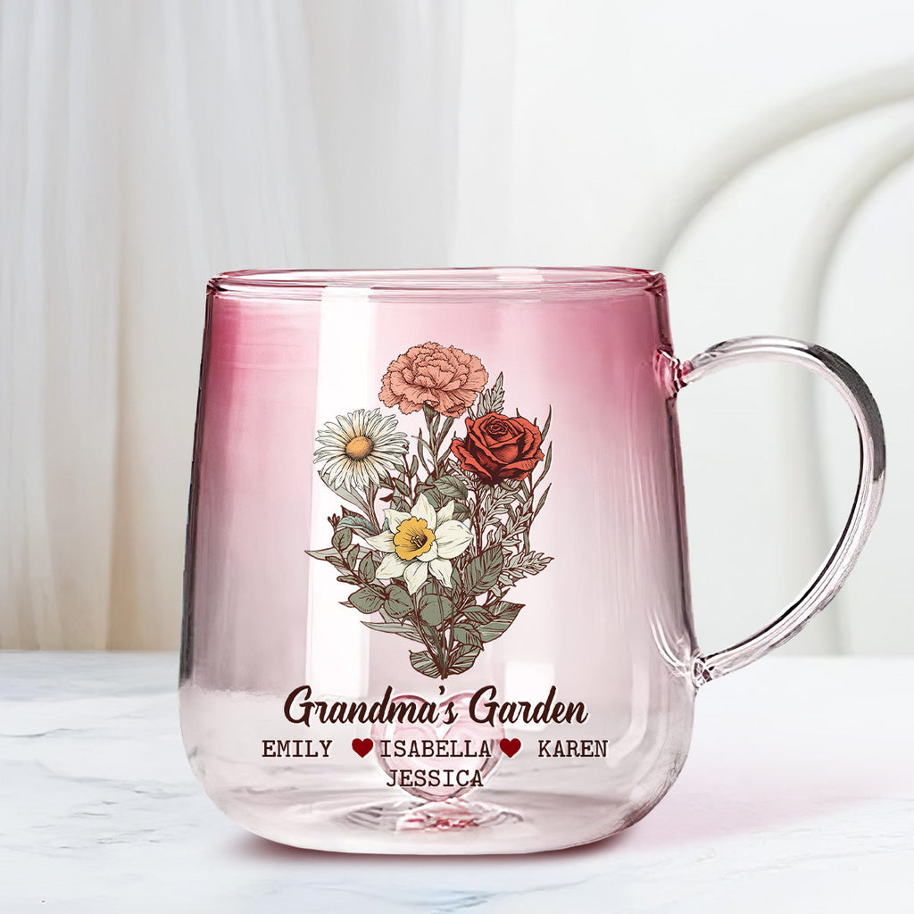 Custom Mother's Day Gift for Mom & Grandma • The Garden Of Grandma - Personalized Pink Gradient Glass Mug