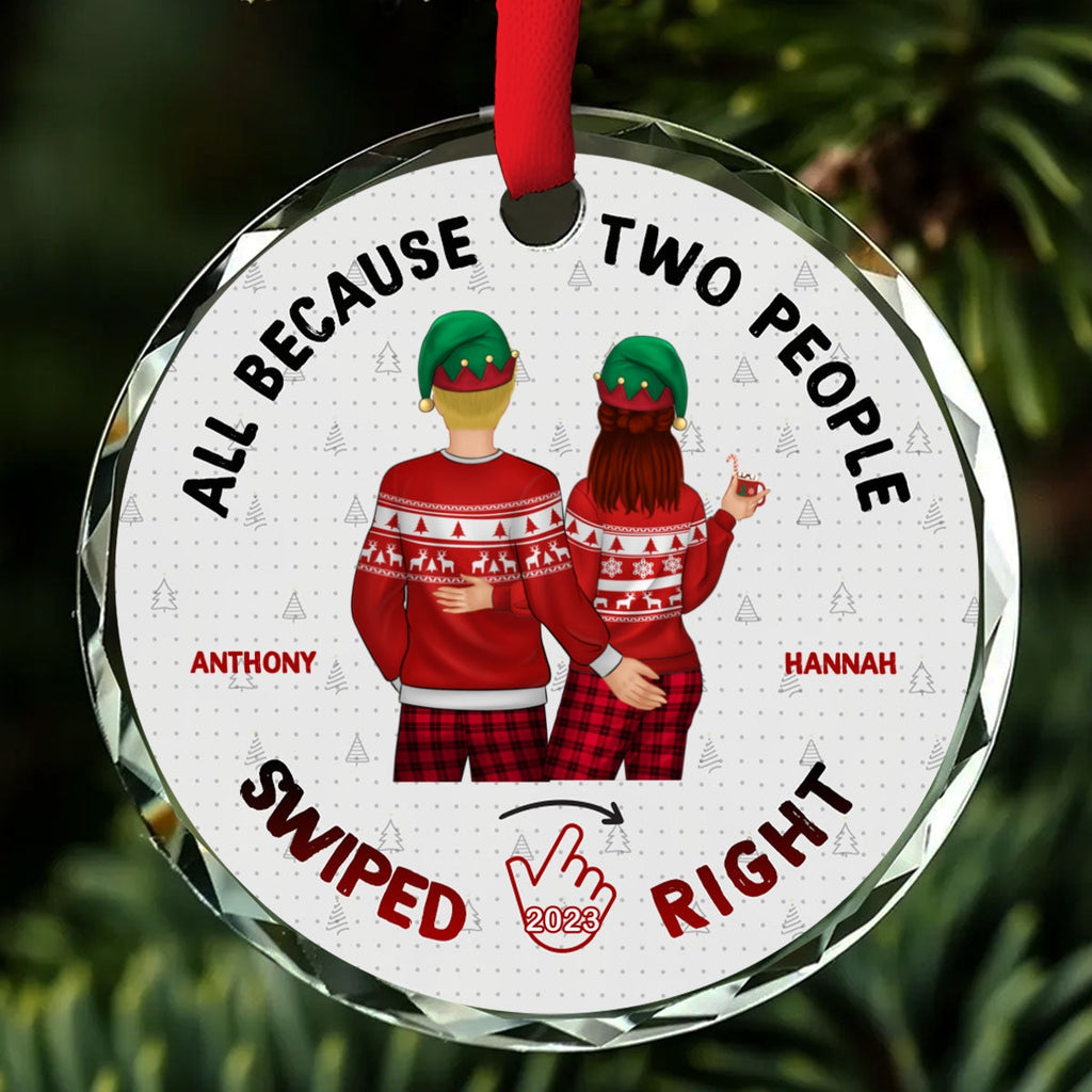 Custom Couple Christmas Ornament, Anniversary Gift •  Christmas Swiped Right - Personalized Glass Ornament