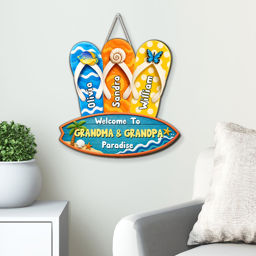 Custom Family Summer Backyard, Patio & Porch Decor • Flip Flop Family - Personalized Wood Sign
