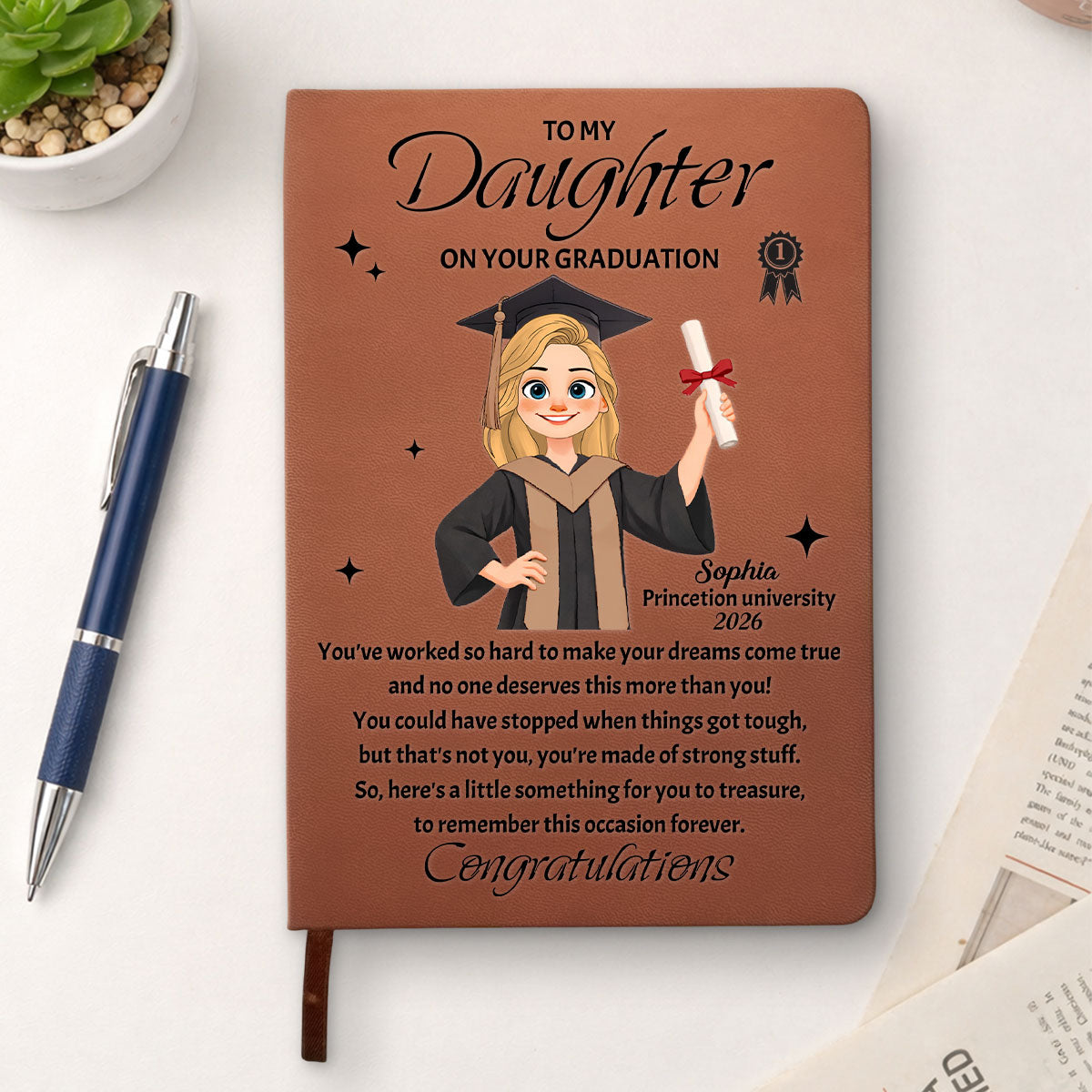 Graduation Journal Custom Name School Year For Children • Diploma In Hand - Personalized Leather Journal