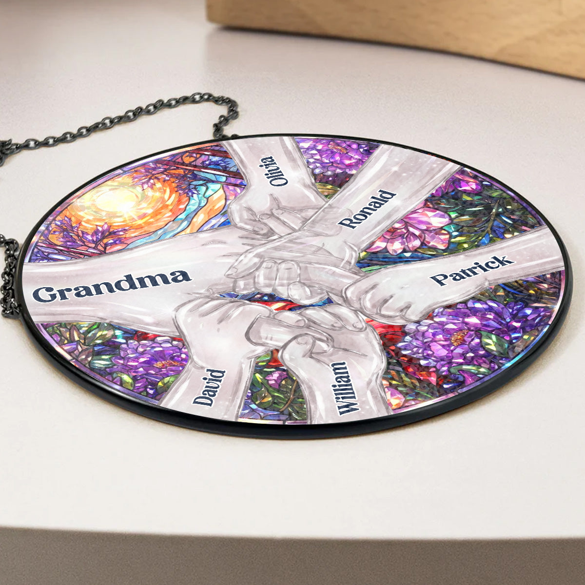 Custom Name Grandma Hanging Decor, Mother's Day Birthday Gifts • Hold Our Hands And Our Hearts 2 - Personalized Window Hanging Suncatcher