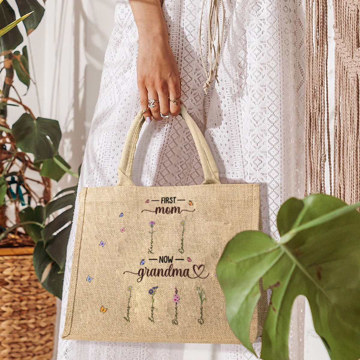 Charming Flowers Of Grandma - Personalized Jute Tote Bag