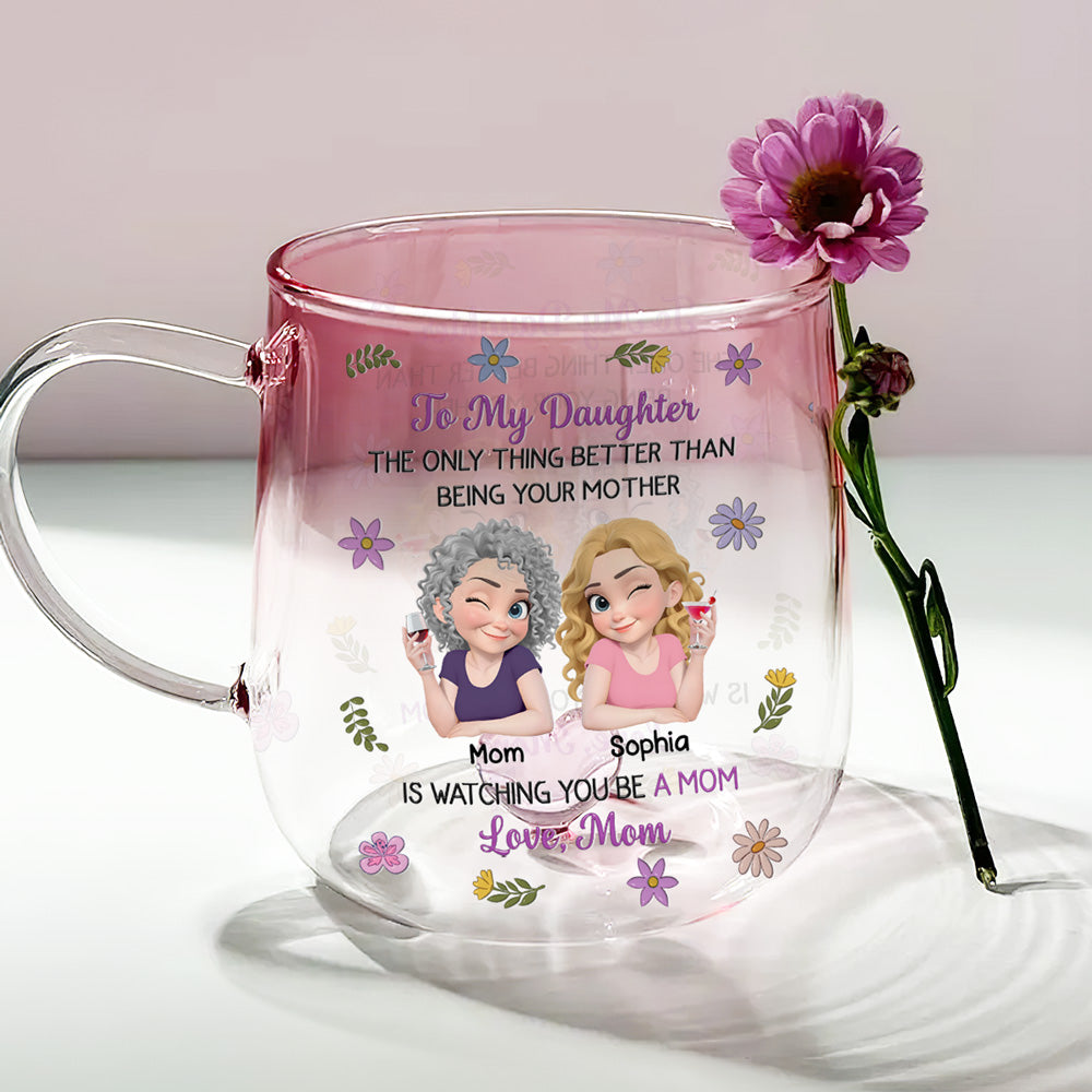 Custom Mother's Day Gift for Daughter • Linked Together Cartoon - Personalized Pink Gradient Glass Mug