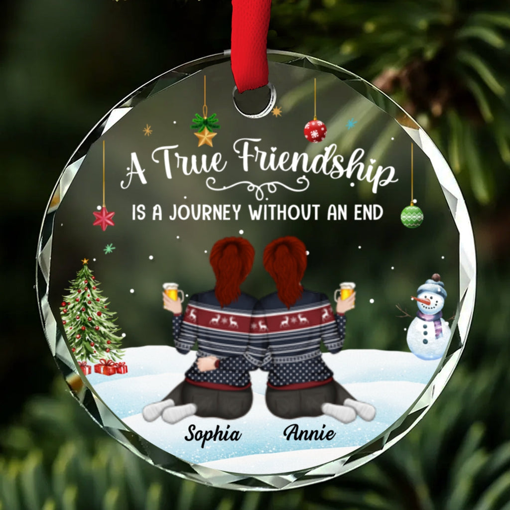 Custom Friendship Christmas Ornament, Best Friend Gift •  A Journey Without An End - Personalized Glass Ornament
