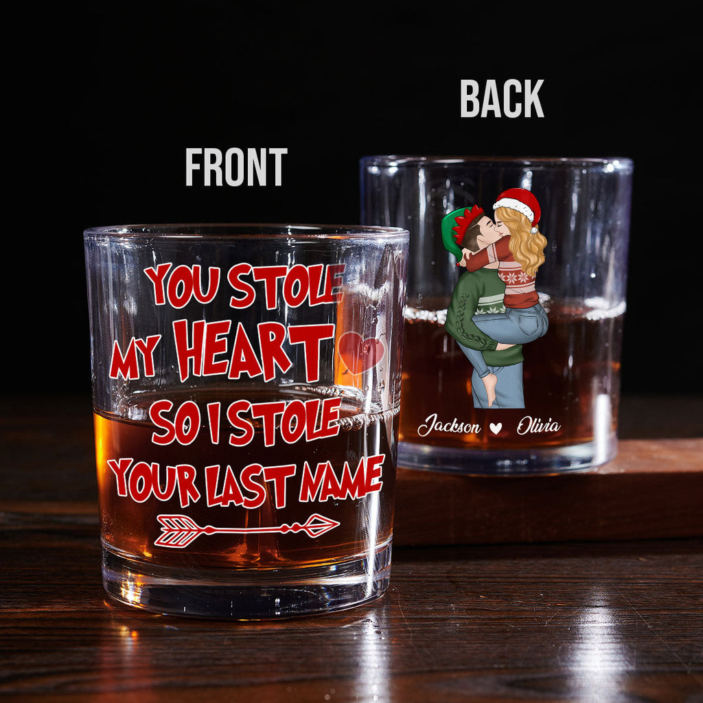 Custom Christmas Anniversary Birthday Drinkware Gifts for Couple • You Stole My Heart - Personalized Whiskey Glass