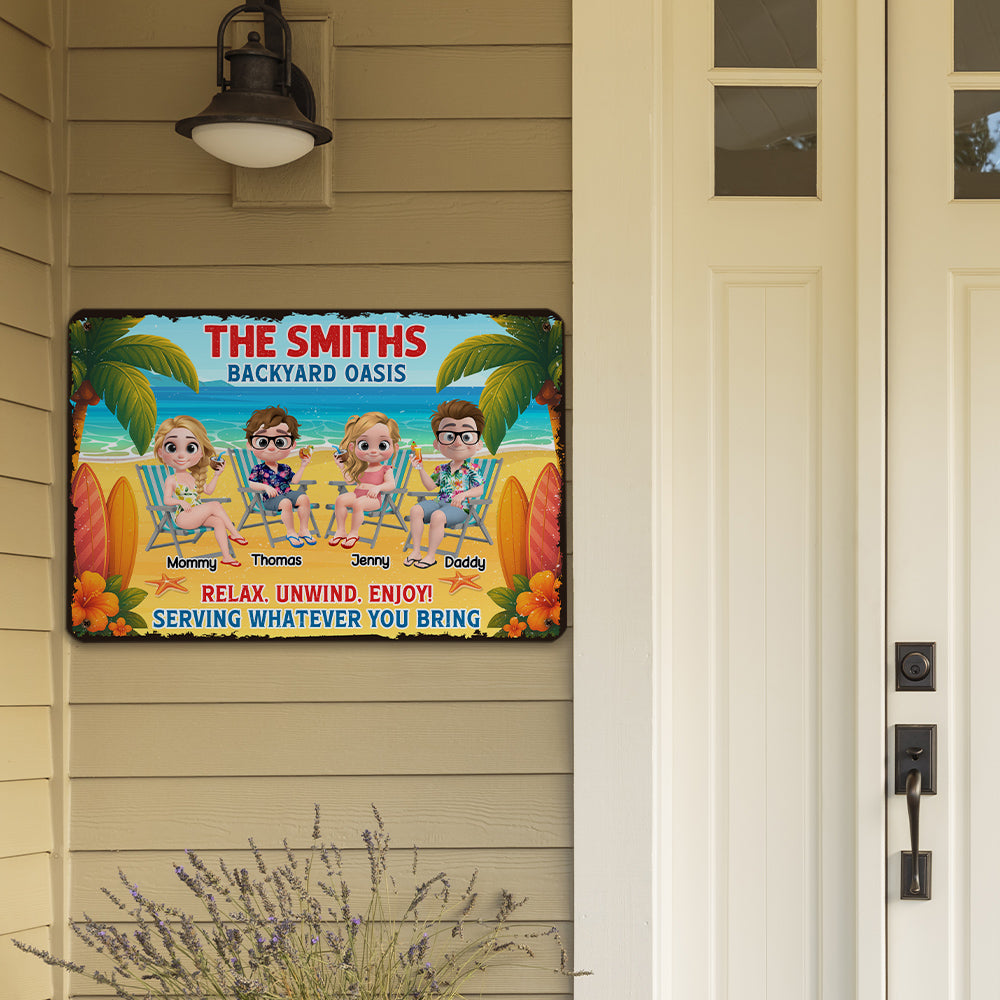 Custom Family Summer Backyard, Patio & Porch Decor • Welcome To Our Family Backyard Oasis - Personalized Metal Sign
