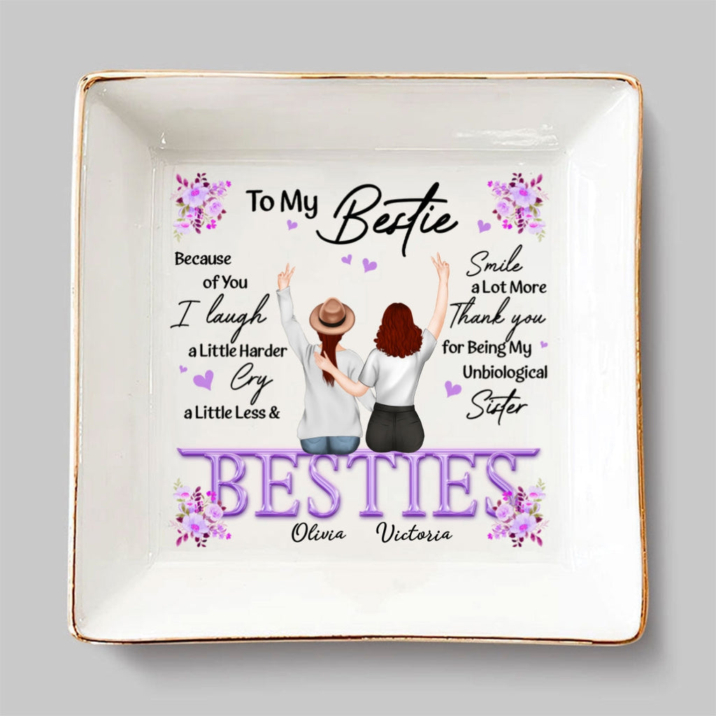 Custom Bestie Trinket Dish, Birthday Christmas Gift For Best Friend • Thank You I Laugh More Cry Less - Personalized Jewelry Dish