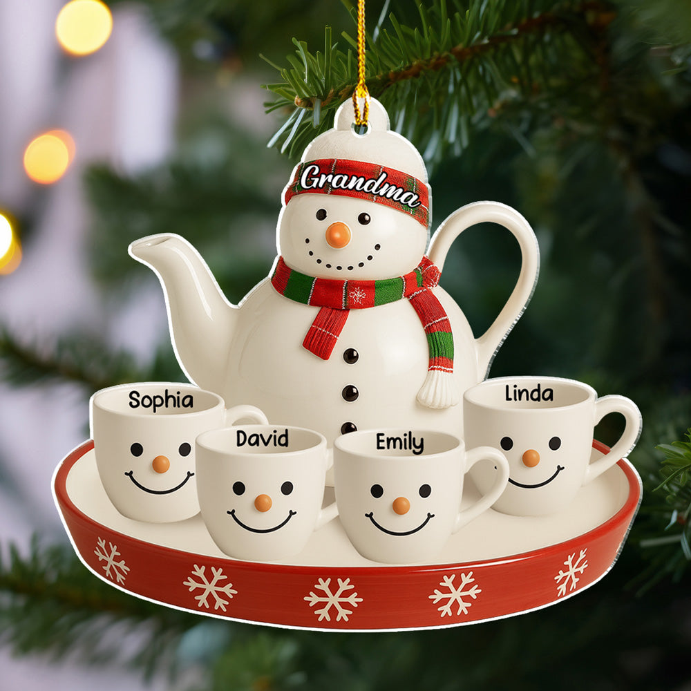 Custom Family Ornament, Christmas Gift for Family Members •  Snowman Smile Tea Set - Personalized Acrylic Ornament
