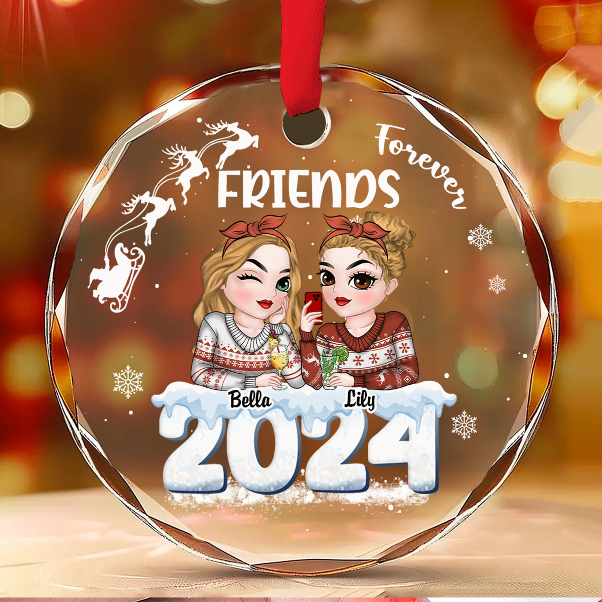 Custom Friendship Christmas Ornament, Best Friend Gift •  Besties Together 2024 - Personalized Glass Ornament