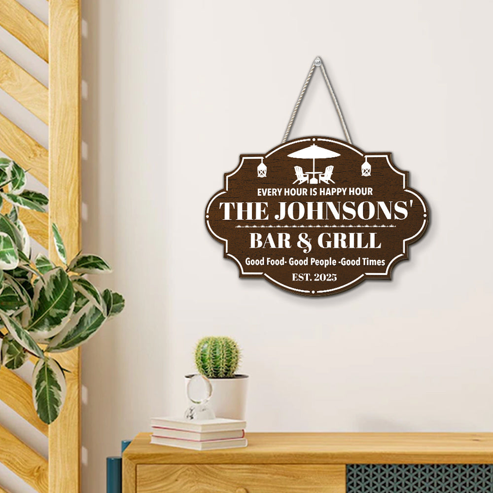 Custom Family Summer Backyard, Patio & Porch Decor • Happy Hour - Personalized Wood Sign