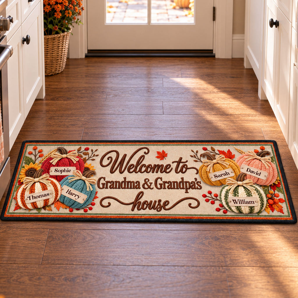 Custom Family Name Rug, Housewarming Birthday Gift For Family Members • Pumpkins Welcome - Personalized Runner Rug