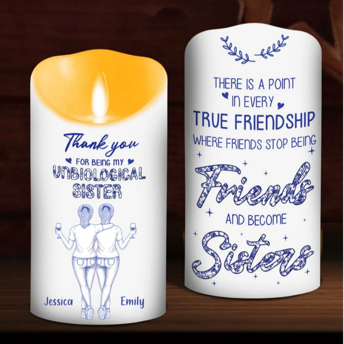Where Friends Become Sisters Blue Toile - Personalized LED Candle