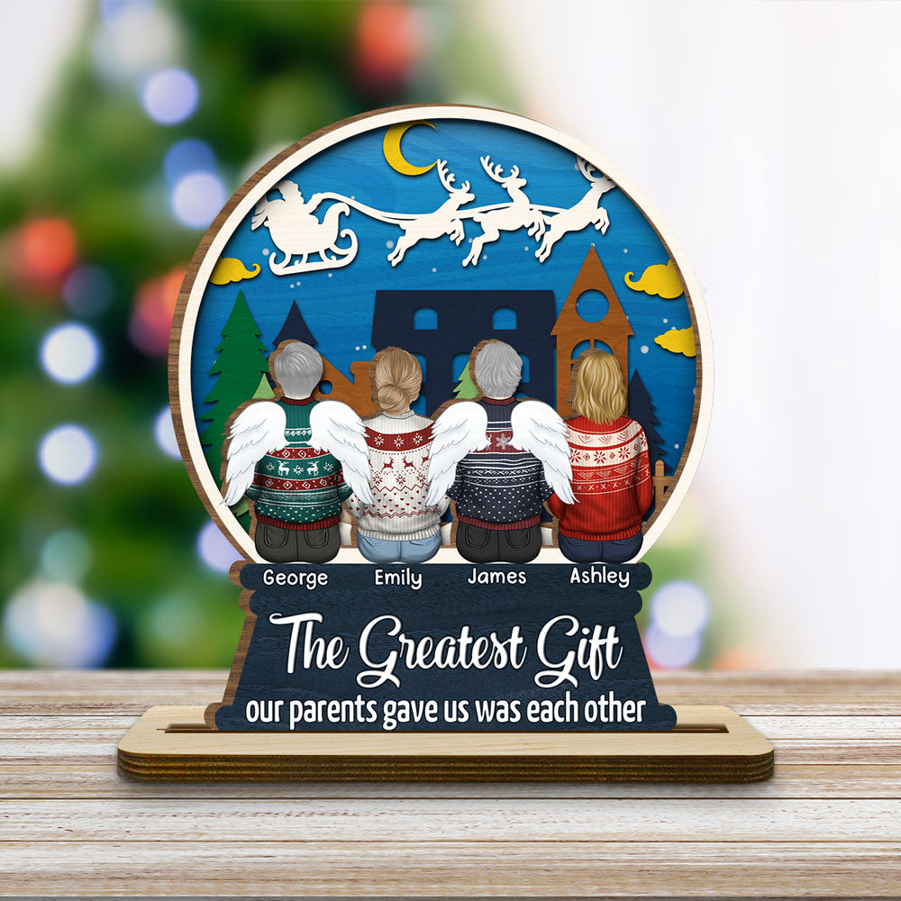 Custom Family Decor, Christmas Birthday Family Keepsake • Sibling Snowglobe - Personalized 2-Layer Wood Plaque With Flat Base