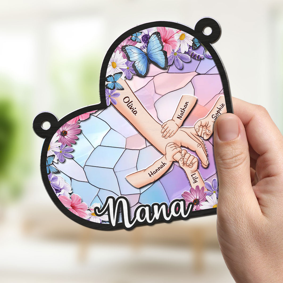 Custom Name Grandma Hanging Decor, Mother's Day Birthday Gifts • Grandma Mom Holding Hands - Personalized Suncatcher