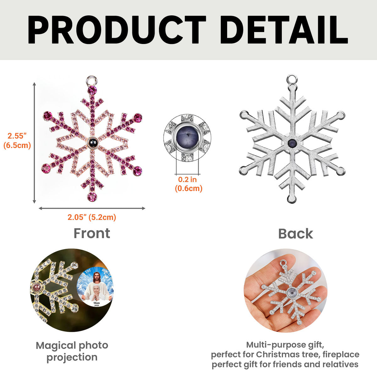 Custom Photo Memorial Christmas Ornament, Sympathy Keepsake • Safe In The Arms Of Jesus - Personalized Photo Snowflake Projection Ornament