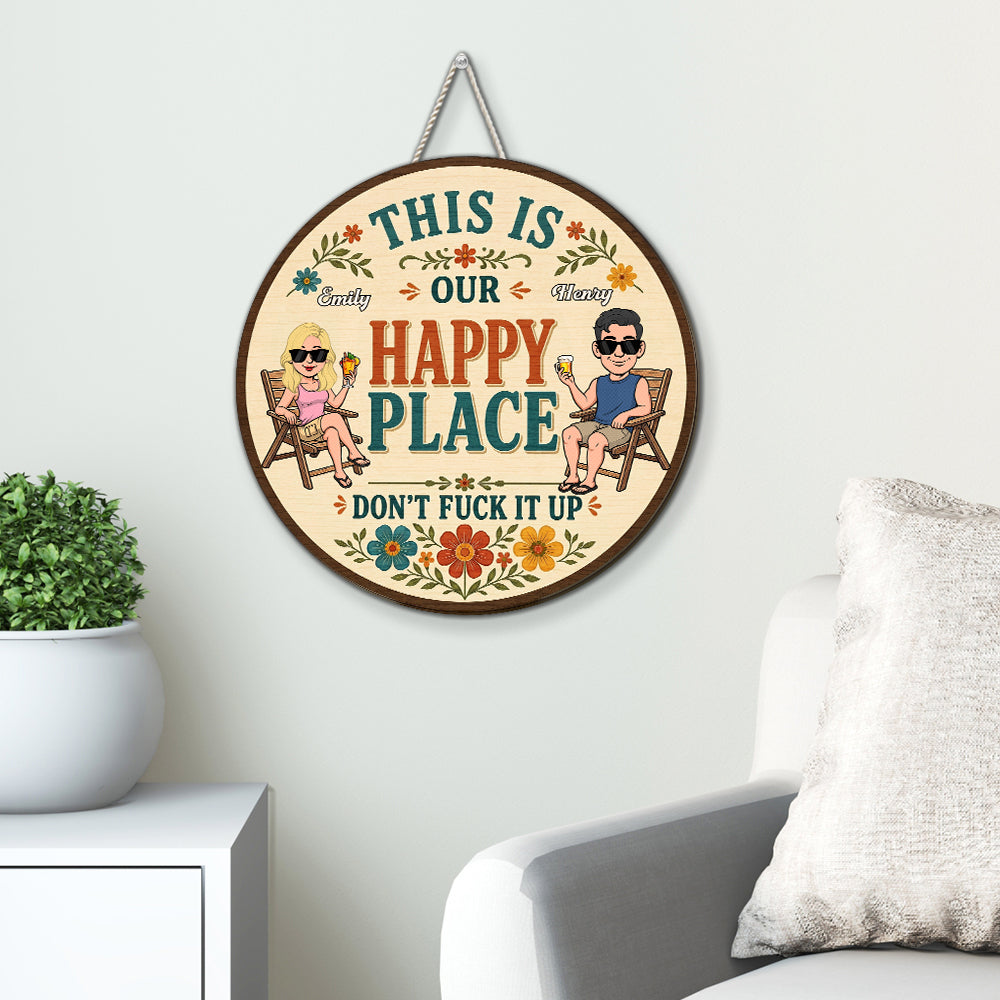 Custom Family Summer Backyard, Patio & Porch Decor • This Is Our Happy Place - Personalized Wood Sign