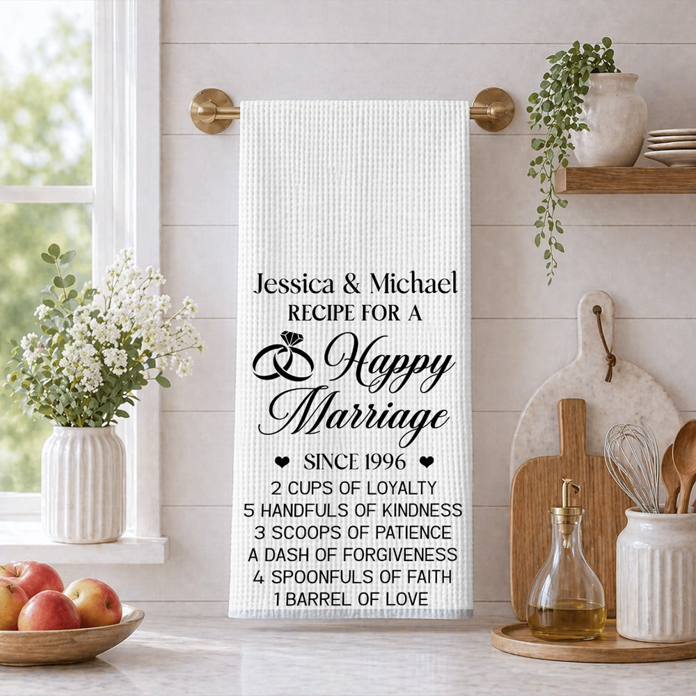 Custom Name Kitchen Towel, Birthday Anniversary Housewarming Gift For Couple • Love Is Our Secret Ingredient - Personalized Kitchen Towel