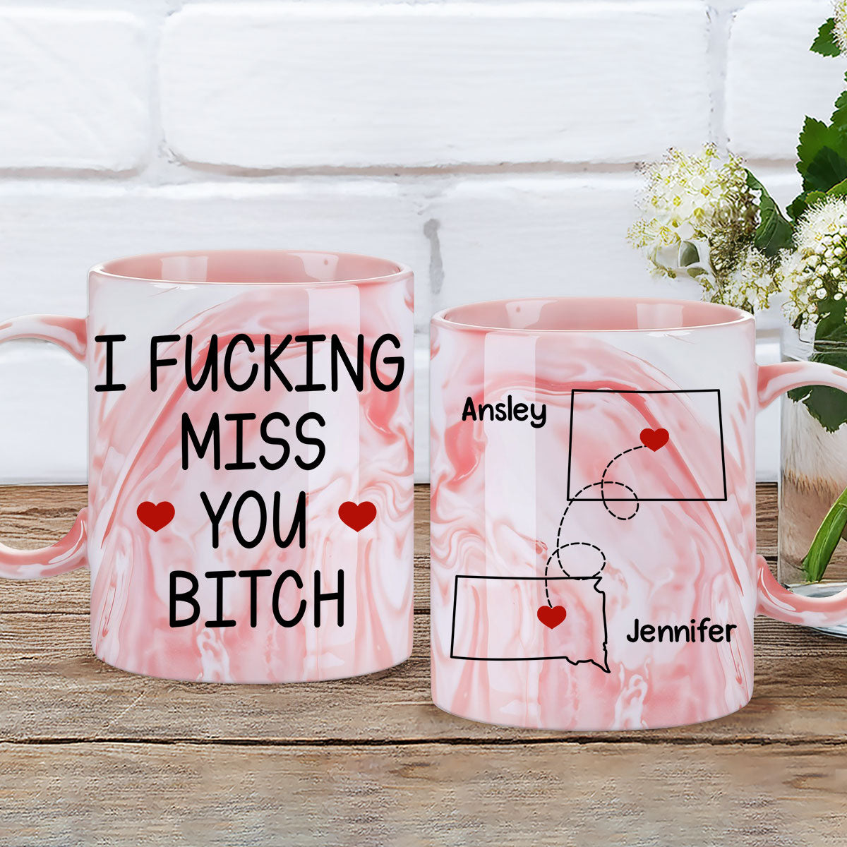 Custom Best Friend, Christmas & Birthday Friendship Keepsake Gift • Miss You - Personalized Pink Marble Mug
