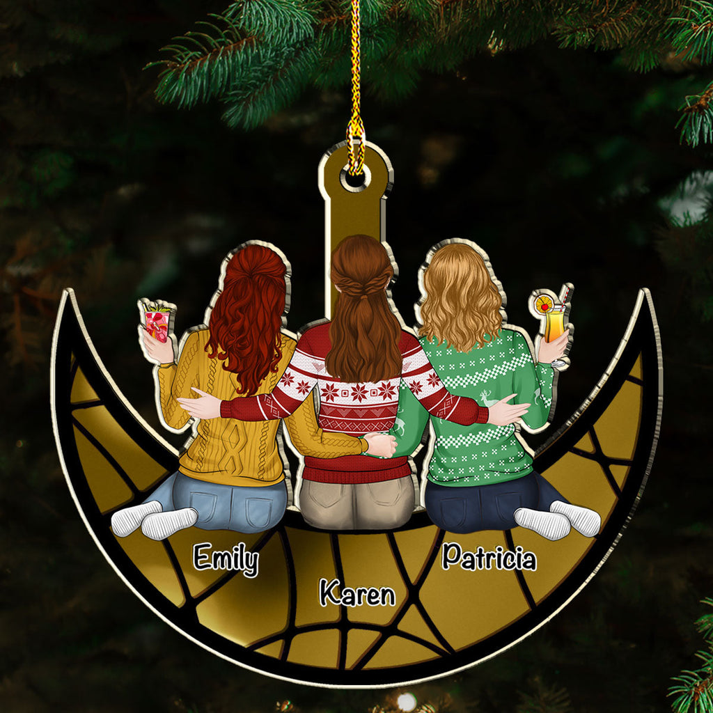 Custom Friendship Christmas Ornament, Best Friend Gift •  Besties Sitting On The Moon - Personalized Mirrored Acrylic Ornament