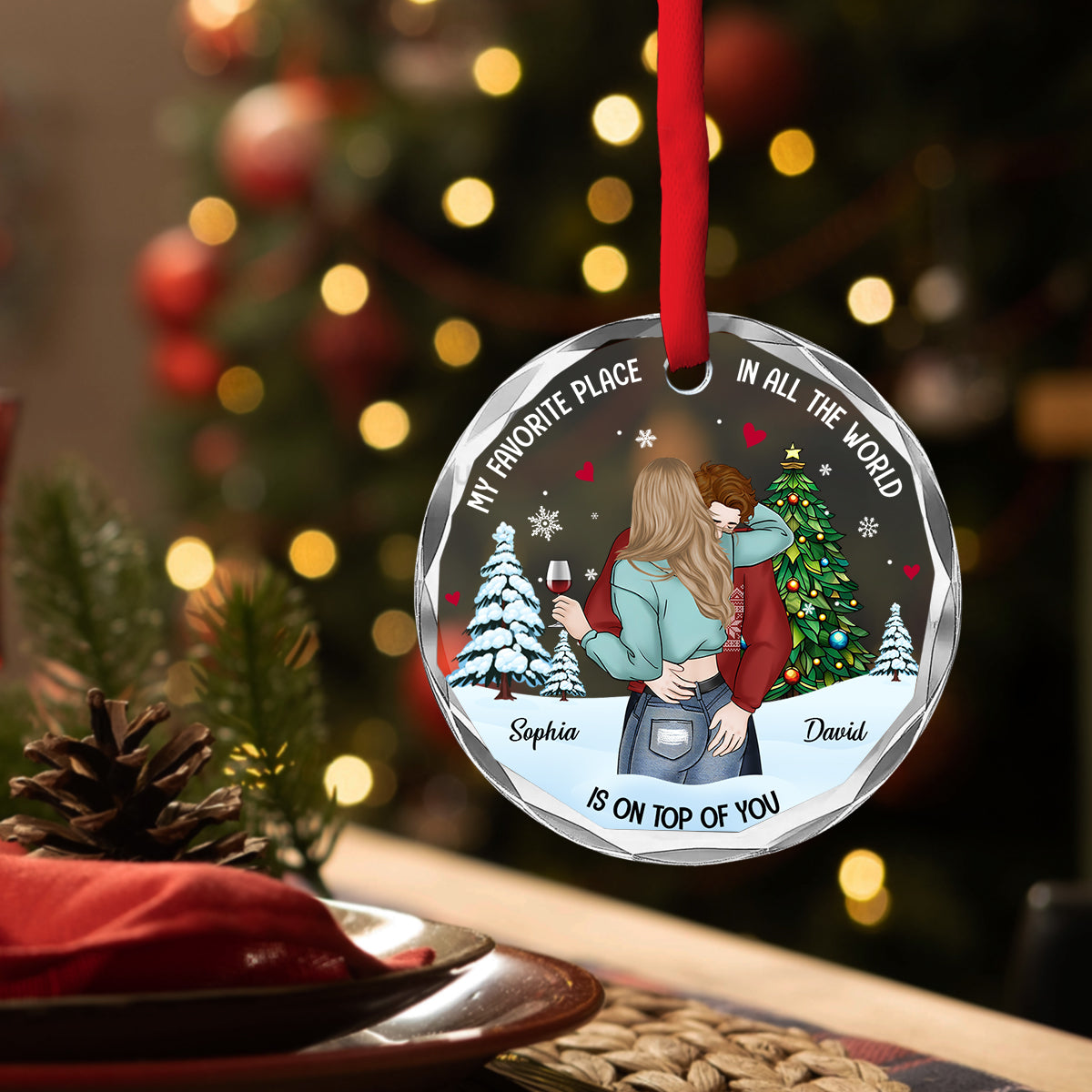 Custom Couple Christmas Ornament, Anniversary Gift •  My Favorite Place - Personalized Glass Ornament