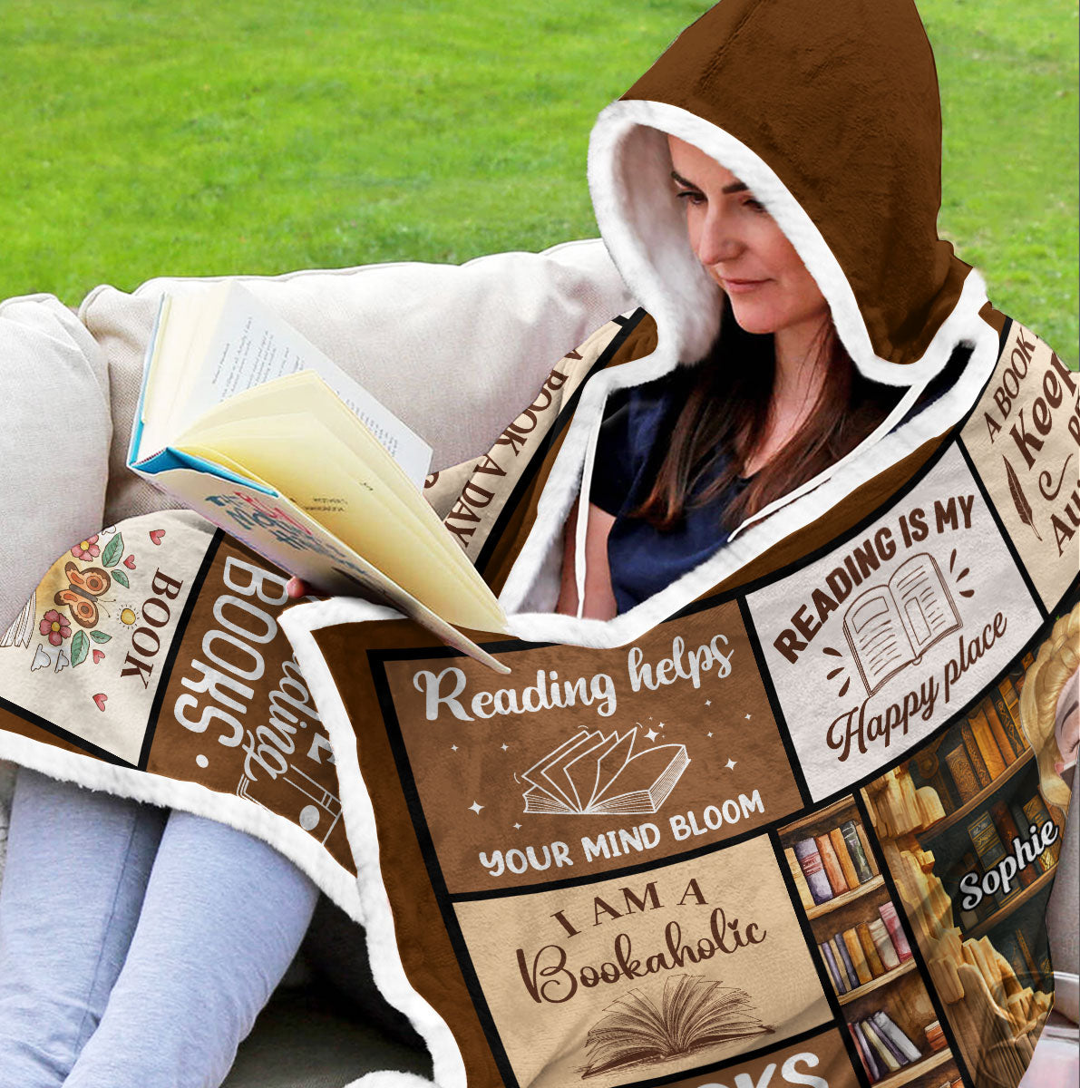 Custom Christmas Birthday Gift For Book Lovers, Bookworms, Reader • Reading Is My Happy Place - Personalized Hooded Blanket