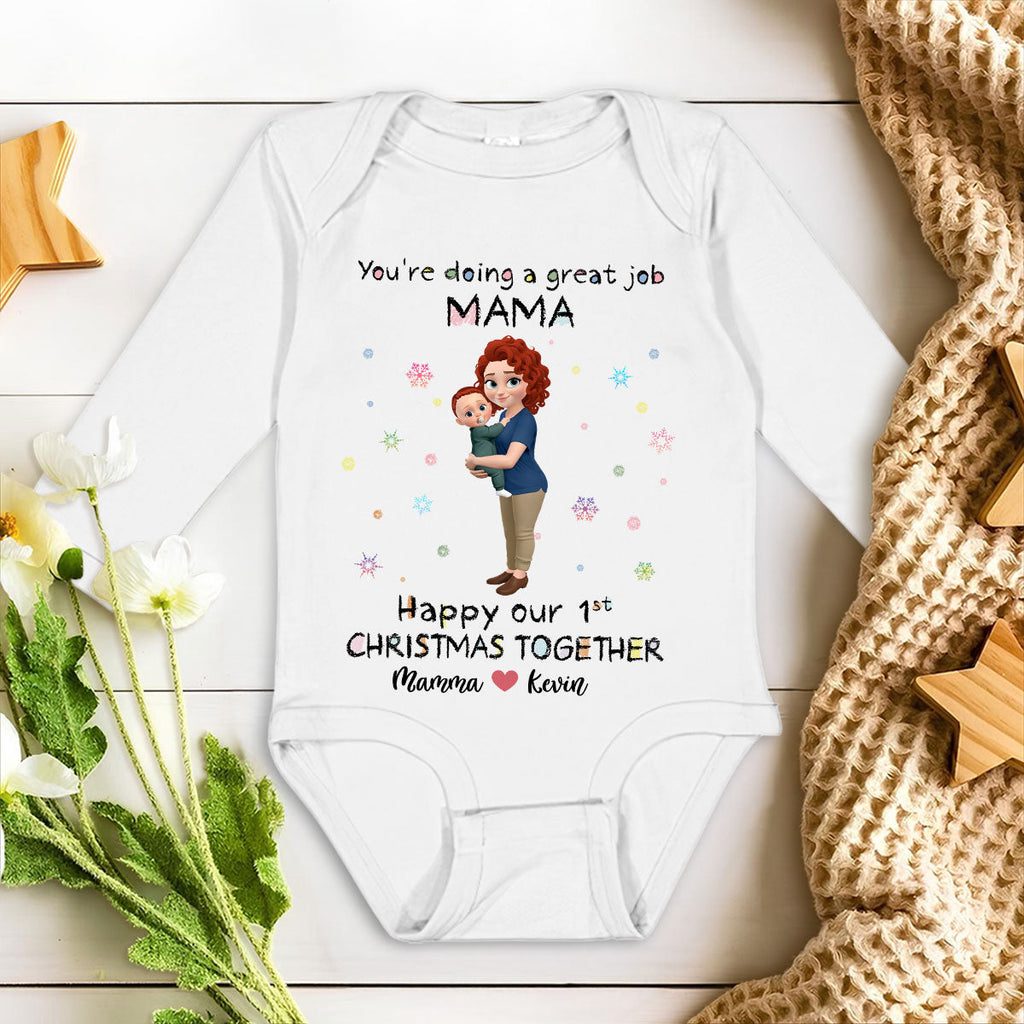 Mommy And Baby 1st Christmas - Personalized Long Sleeve Baby Onesie