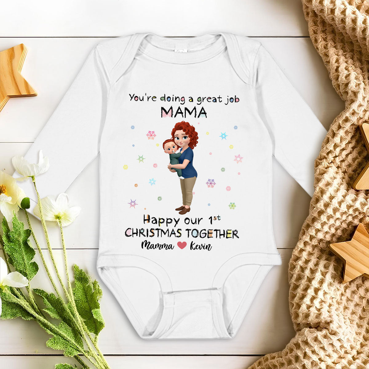 Mommy And Baby 1st Christmas - Personalized Long Sleeve Baby Onesie