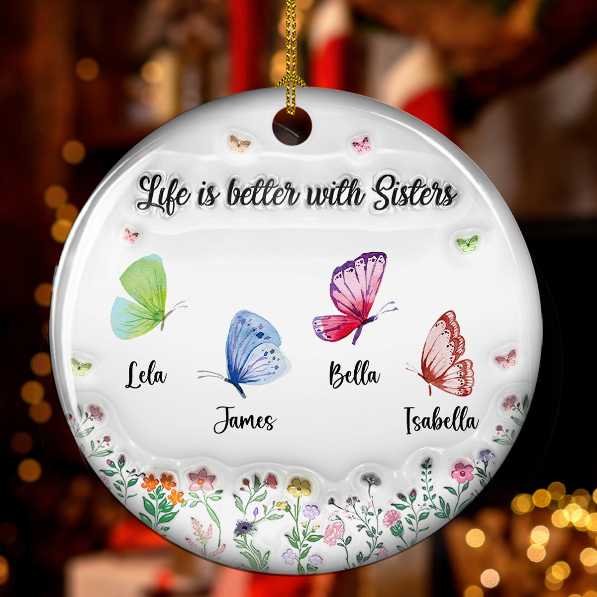 Custom Friendship Christmas Ornament, Best Friend Gift •  Butterfly Besties Forever - Personalized 3D Inflated Effect Ceramic Ornament