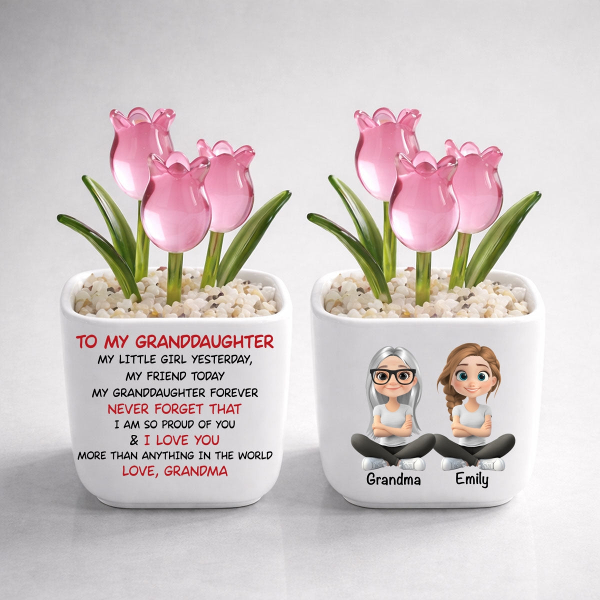 Custom Mother's Day Flower Keepsake, Glass Home Decor Gift for Granddaughter • My Granddaughter Forever - Personalized Glass Everlasting Tulips
