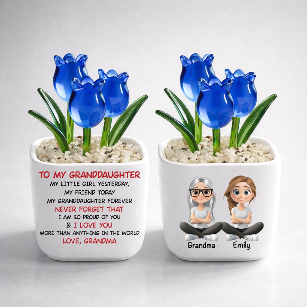 Custom Mother's Day Flower Keepsake, Glass Home Decor Gift for Granddaughter • My Granddaughter Forever - Personalized Glass Everlasting Tulips