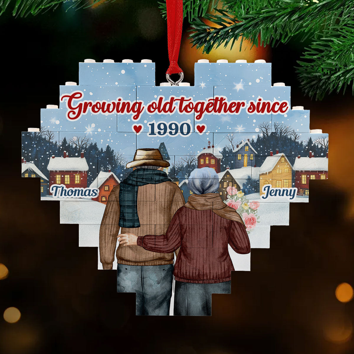 Custom Couple Christmas Ornament, Anniversary Gift •  Growing Old Together - Personalized Heart Puzzle Ornament