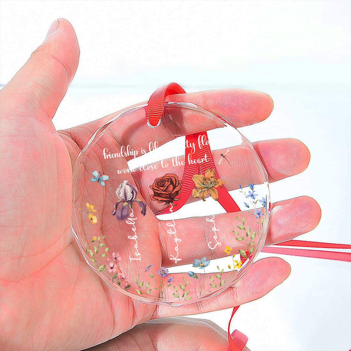 Custom Keepsake Christmas Ornament •  Friendship Blooms Where Hearts Connect - Personalized Glass Ornament