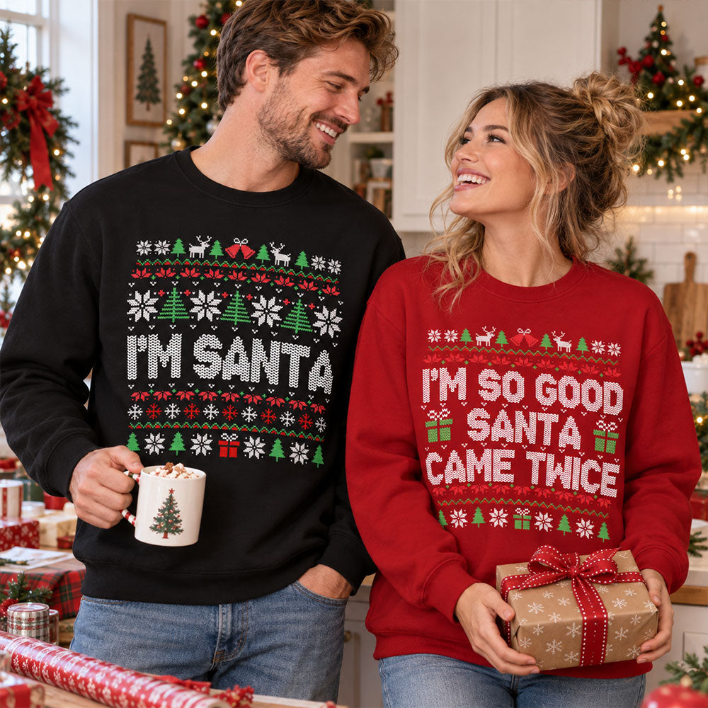 Custom Couple Christmas Sweatshirt, Anniversary Gift • Santa Came Twice - Personalized All-Over-Print Sweatshirt