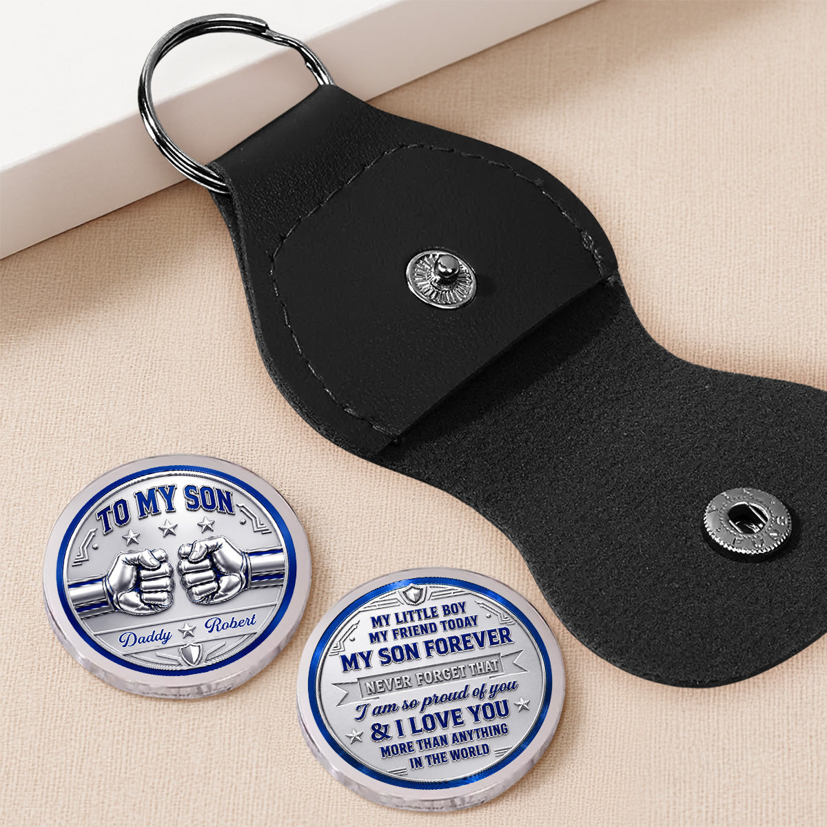 Custom Coin Keychain for Son, Father's Day Birthday Gifts • So Proud Of You - Personalized Pocket Hug