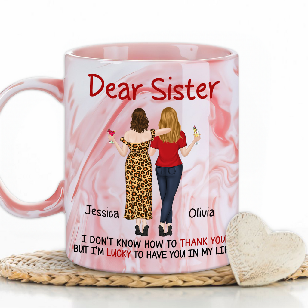 Custom Christmas & Birthday Gift for Brother & Sister • Lucky To Have You - Personalized Pink Marble Mug