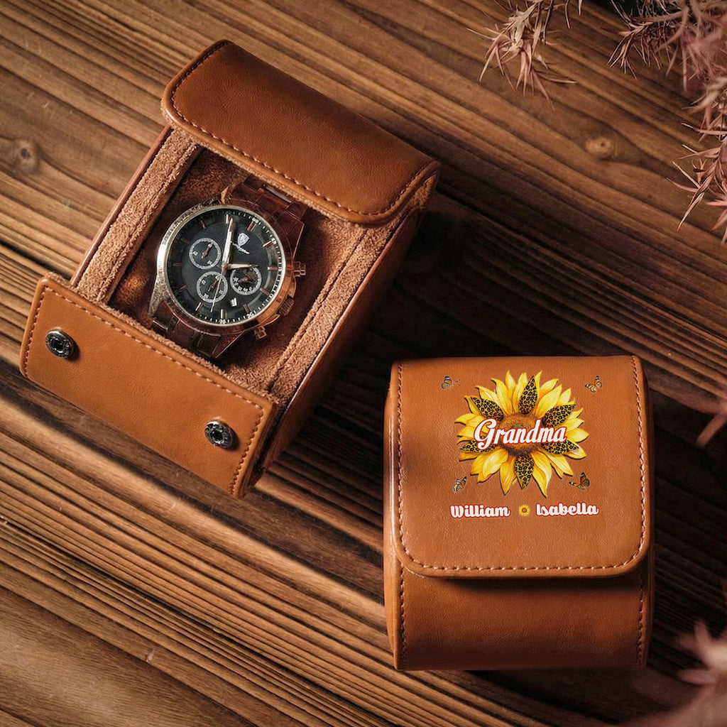 Where Grandma Sunflower Blooms - Personalized Leather Watch Case