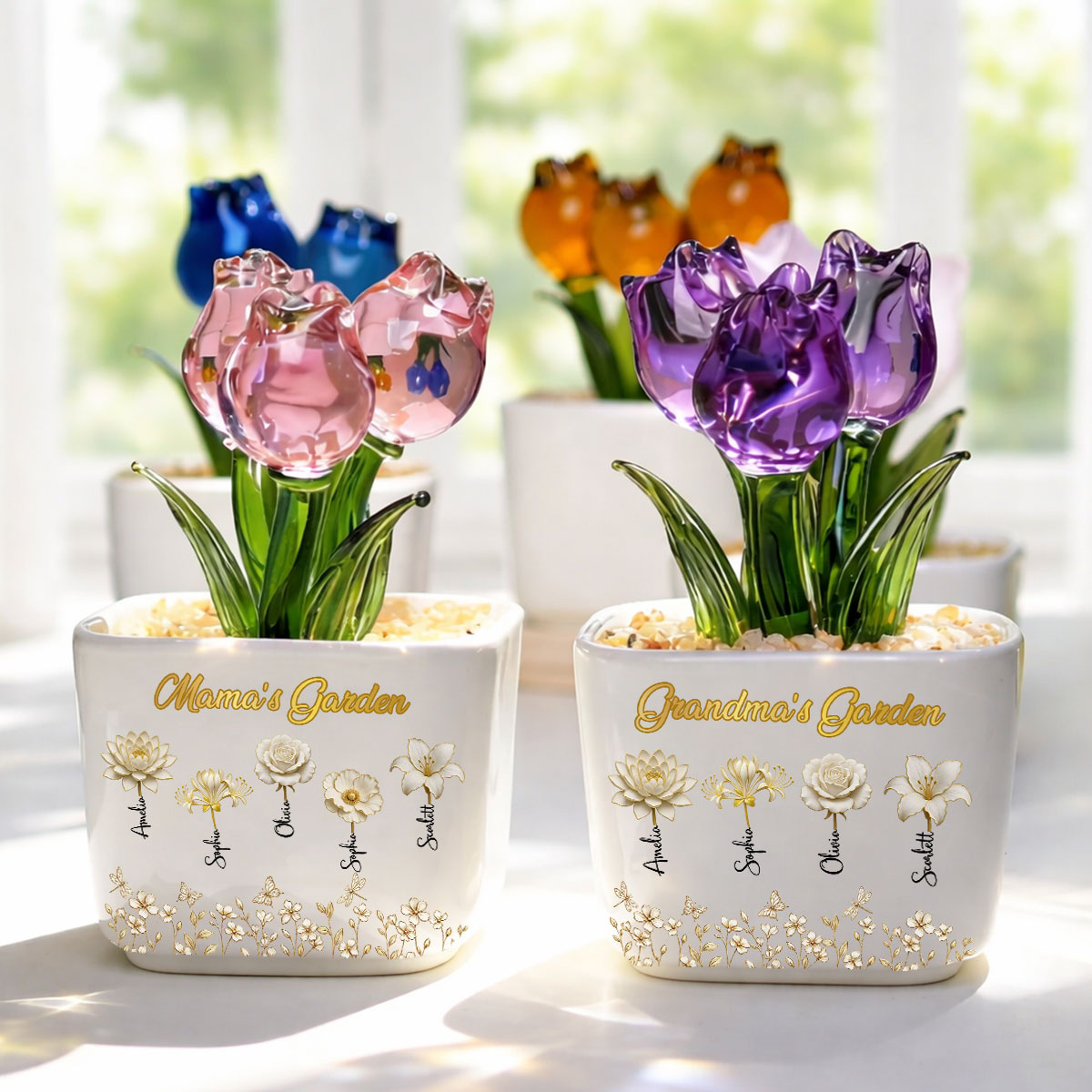Custom Flower Keepsake, Glass Home Decor Gift for Grandma • Lovely Grandma Garden- Personalized Glass Everlasting Tulips