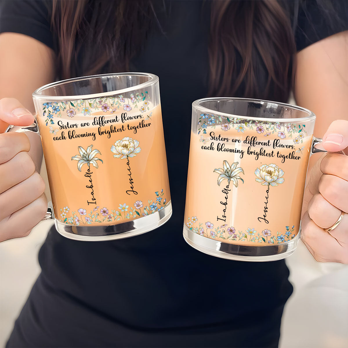 Custom Name & Birth Flower Birthday, Christmas Gift for Sister • Blooming Together - Personalized Glass Mug