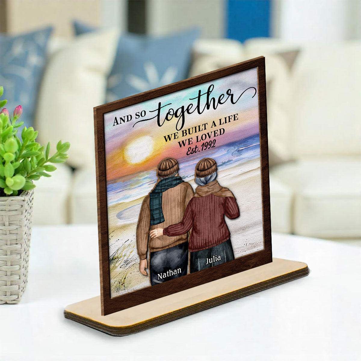 Custom Couple's Decor, Anniversary & Wedding Gift • Love Forever - Personalized 2-Layer Wood Plaque With Flat Base