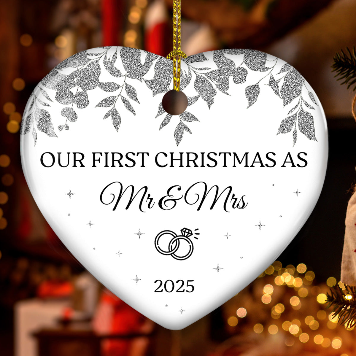 Custom First Christmas Ornament Married, Gift for Newlyweds •  Save The Date Memory - Personalized Ceramic Ornament