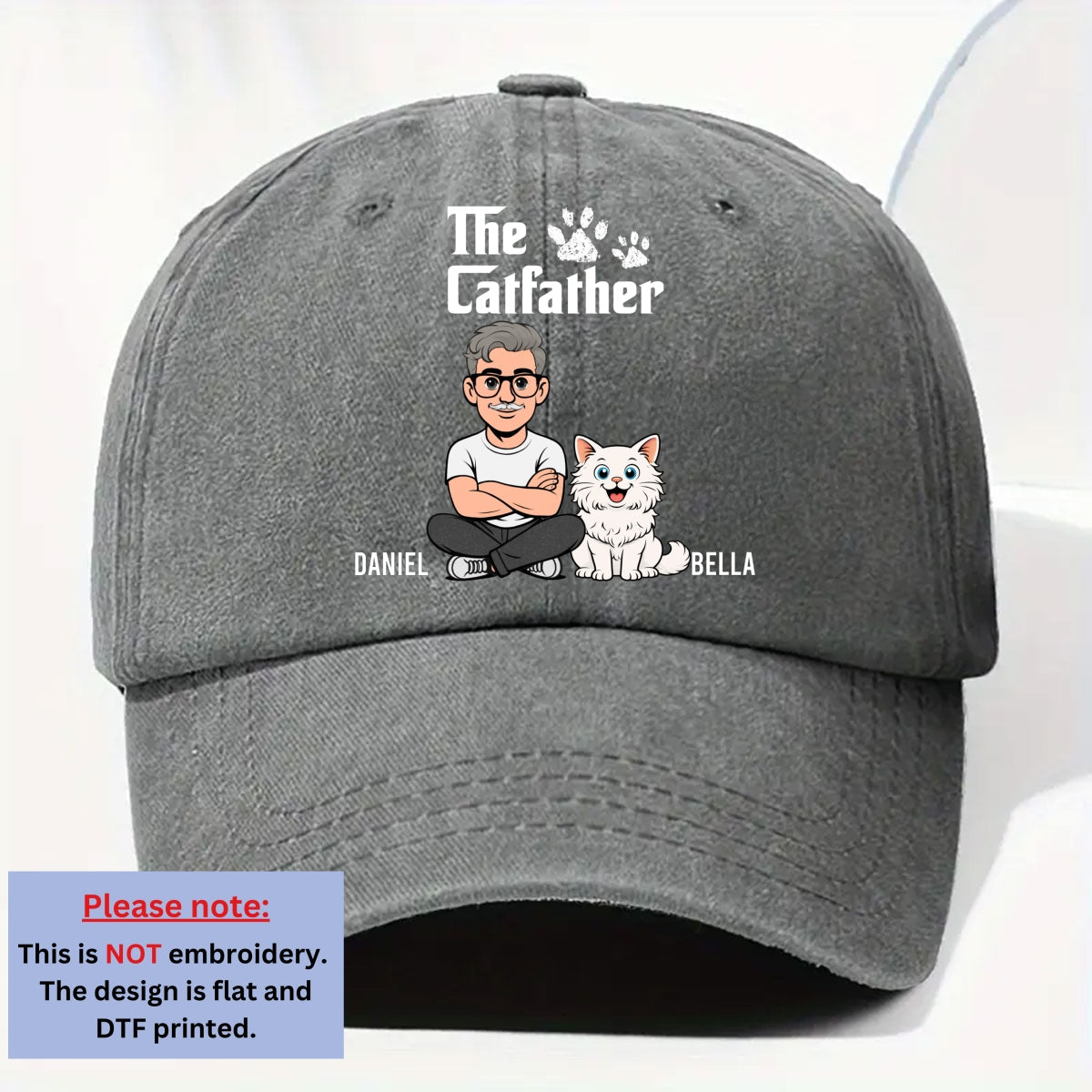 Custom Christmas Headwear Birthday Gifts for Cat Parents • Cool Cat Father Retro - Personalized Vintage Washed Denim Cap