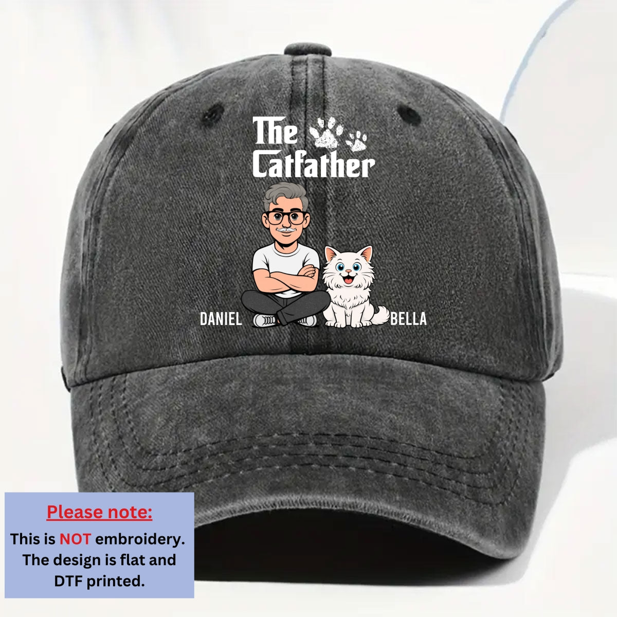 Custom Christmas Headwear Birthday Gifts for Cat Parents • Cool Cat Father Retro - Personalized Vintage Washed Denim Cap