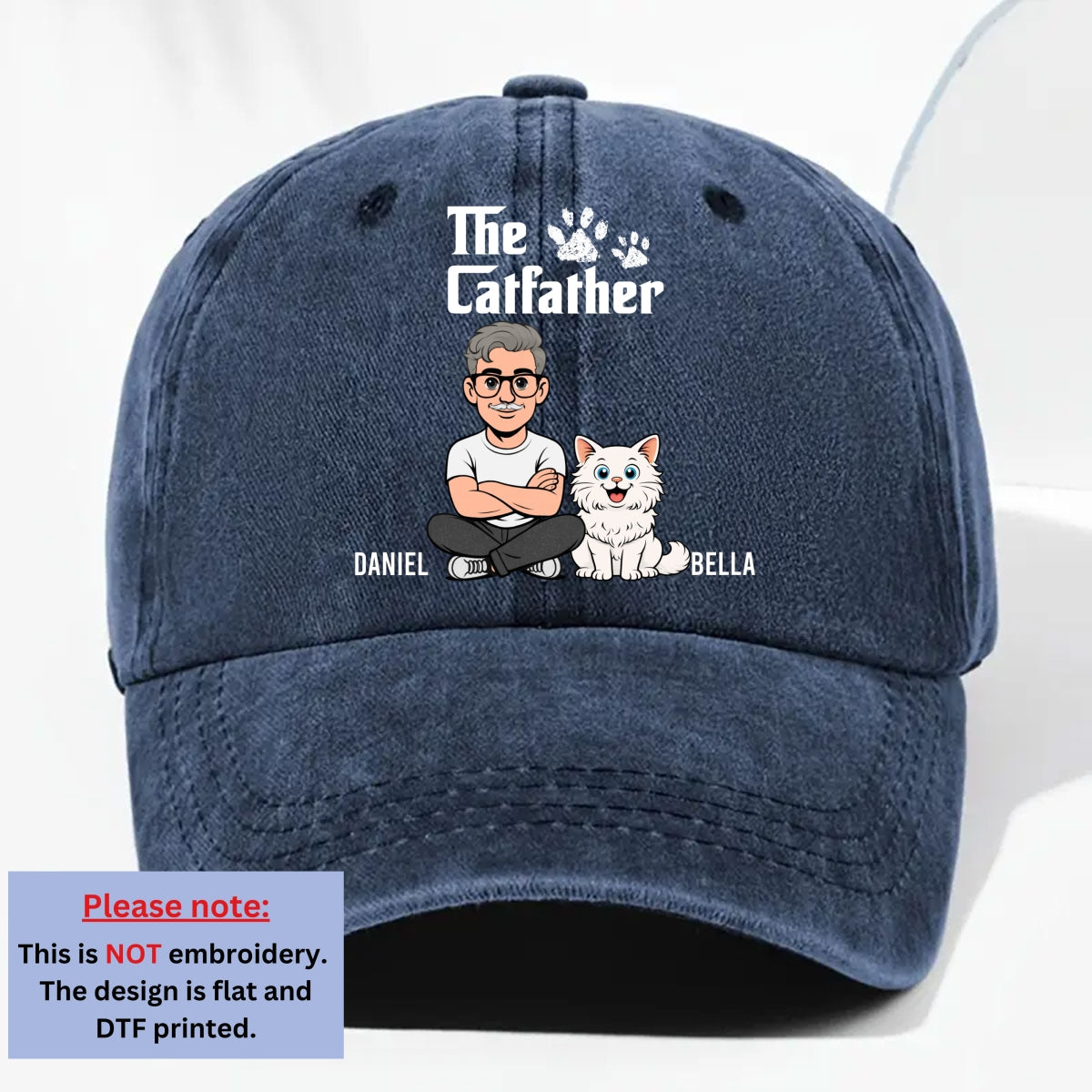 Custom Christmas Headwear Birthday Gifts for Cat Parents • Cool Cat Father Retro - Personalized Vintage Washed Denim Cap