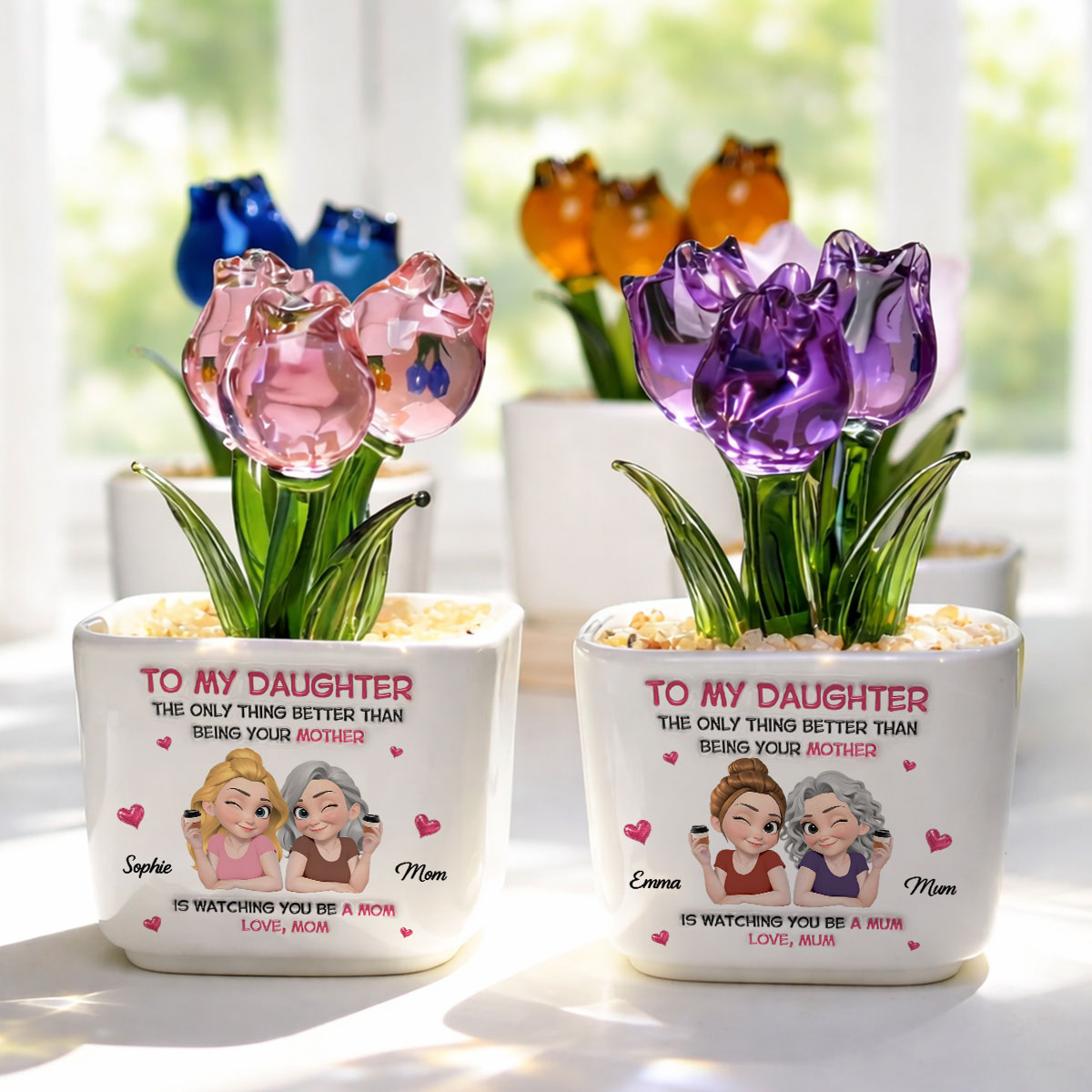 Custom Flower Keepsake, Glass Home Decor Gift for Daughter • Watching Daughter Be A Lovely Mom - Personalized Glass Everlasting Tulips