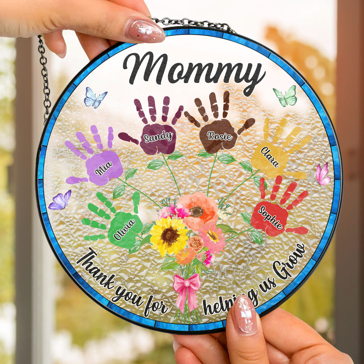 Custom Name Hanging Decor for Mom Daughter, Mother's Day Gifts • Thank You For Helping Us Grow - Personalized Window Hanging Suncatcher