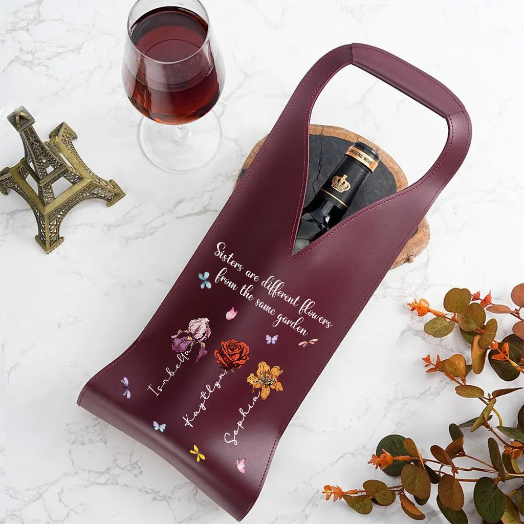 Sisters Are Different Flowers - Personalized Leather Wine Bag