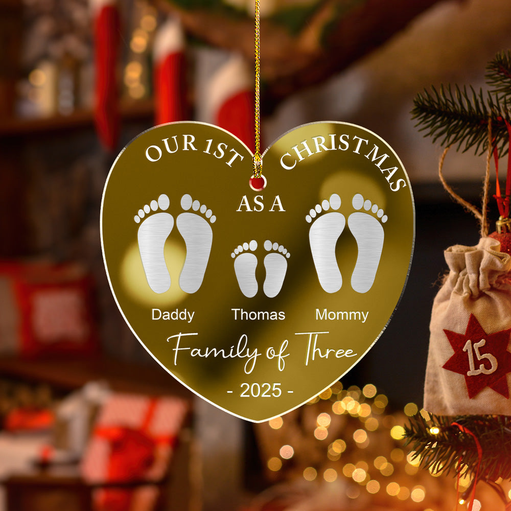 Custom First Christmas Ornament Married, Gift for Newlyweds •  First Christmas As A Family Footprints - Personalized Mirrored Acrylic Ornament