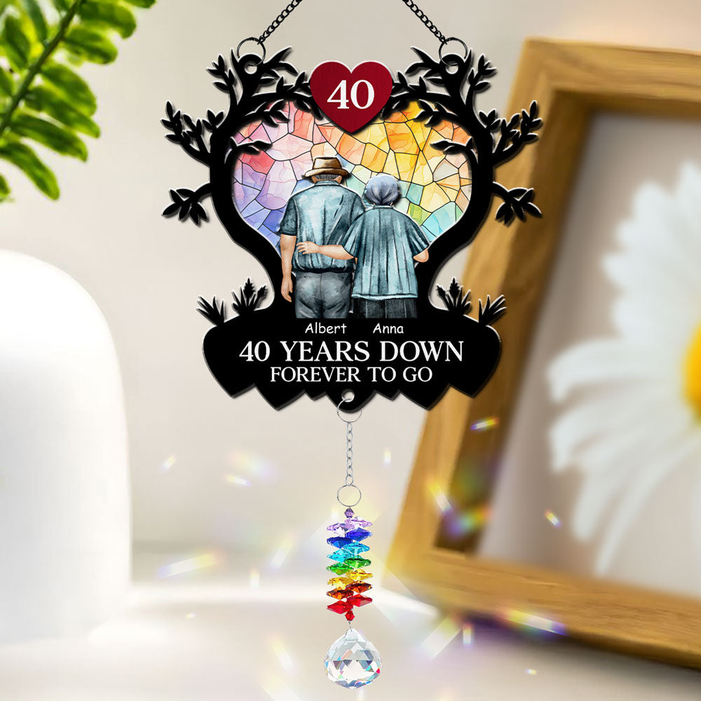 Custom Couple Hanging Decor, Anniversary Valentine's Day Gifts • Many Years Down Forever To Go - Personalized Suncatcher With Crystal Rainbow Charm